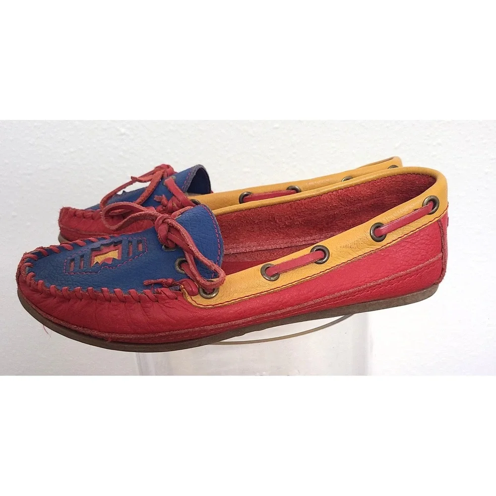 Cherokee US 6 Leather Moccasins Loafers Slippers Boho Festival Red‎ Blue Yellow - Picture 3 of 11
